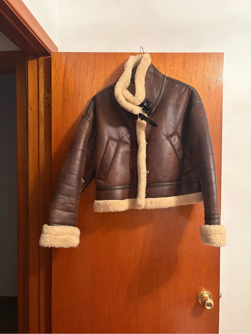 Women's Brown Faux leather Shearling-Lined Aviator Jacket